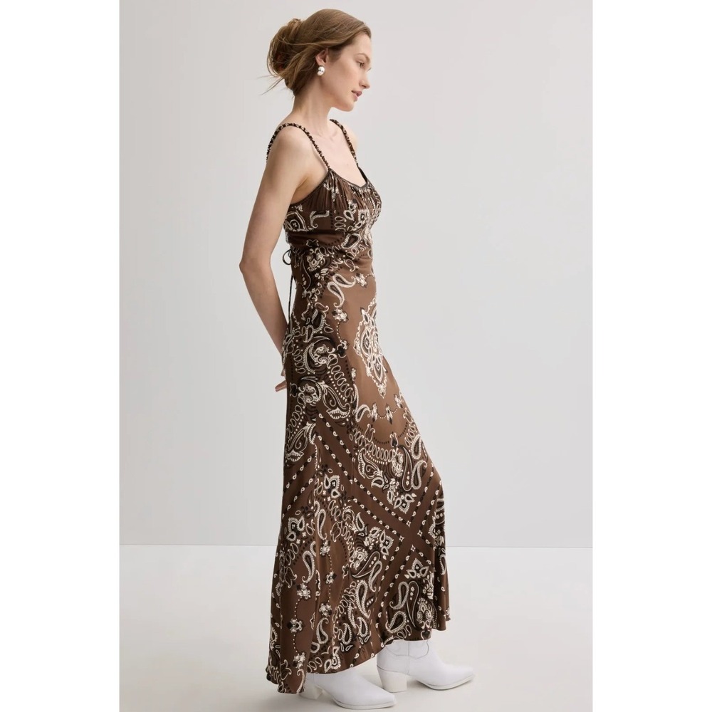 Sandro Bandana Print Dress Brown Paisley Lace Up Back Maxi Sz 42 Fr / 10 US - Picture 2 of 14